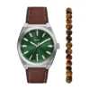 Everett Three-Hand Date Brown Leather Watch and Bracelet Set