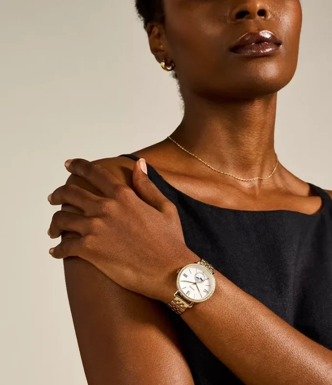 Jacqueline Sun Moon Multifunction Gold-Tone Stainless Steel Watch