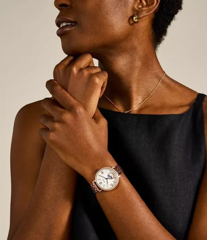 Jacqueline Sun Moon Multifunction Rose Gold-Tone Stainless Steel Watch