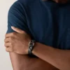 Machine Rugged Stainless Steel and Black Leather Strap Bracelet