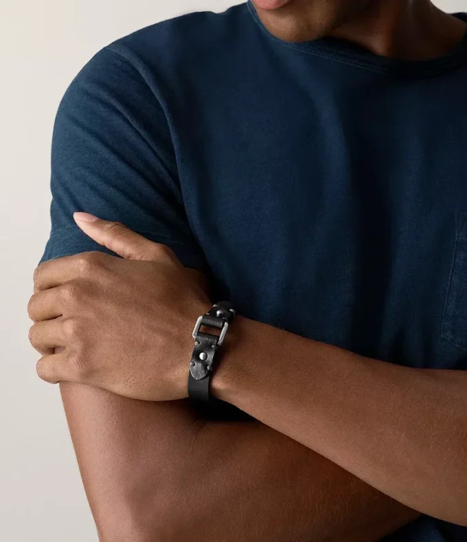 Machine Rugged Stainless Steel and Black Leather Strap Bracelet