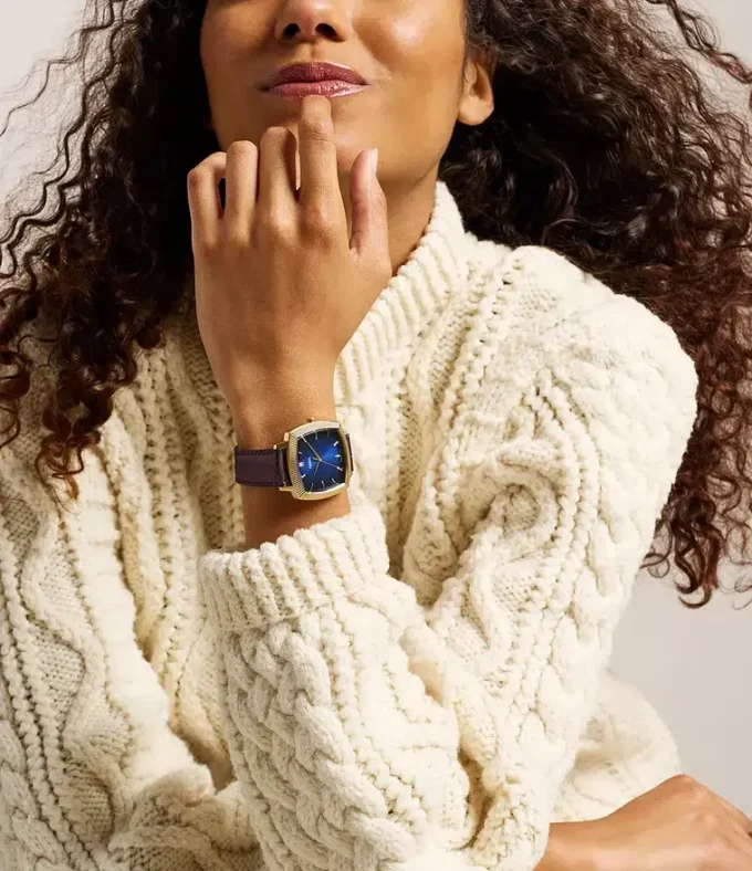 Nick Jonas x Fossil Machine Luxe Blue Vignette Three-Hand Brown Croco Leather Watch